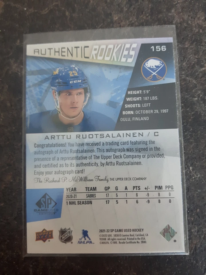 2021-22 SP Game Used Authentic Rookies Auto Arttu Ruotsalainen Card# 156 - Image 2 of 2