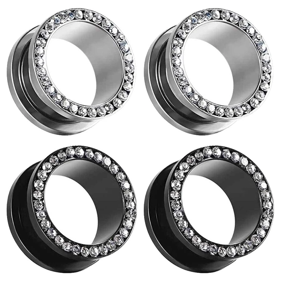 Medidores de oreja de acero inoxidable circonita cúbica transparente túneles de gemas ajuste de tornillo tapón de oreja perforación Foto 2 de 4