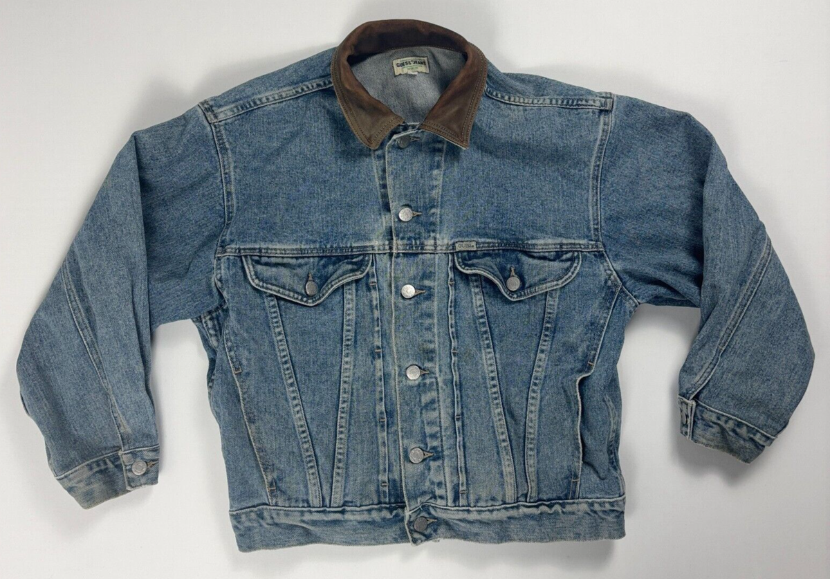 Vintage Guess Denim Jacket Leather Collar Blue Sz S Jean Vintage Guess Denim Jacket Leather Collar Blue Sz S Jean