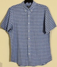 CHAPS Men's Short Sleeve Dress Shirt Size XL Blue Check Linen Cotton