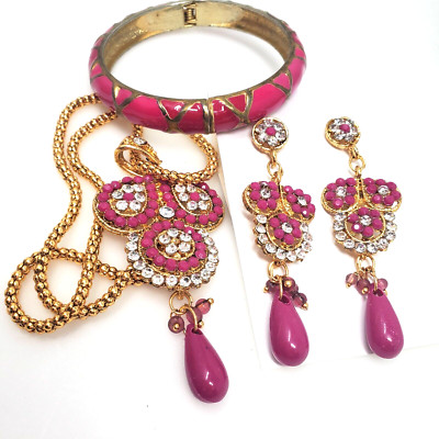 Indian Bollywood Gold Plated Fuchsia Kundan Earrings Women Bridal Jewelry Set 