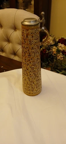 Vintage Merkelbach German Stein Pewter Lid Raised Letter Lords Prayer 14" tall