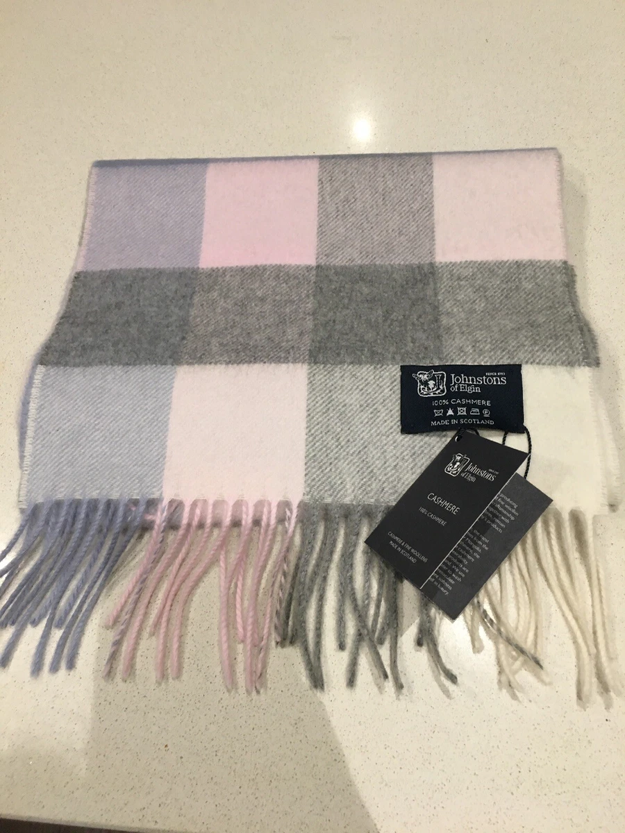 Johnstons of Elgin Soft Block Check Pure Cashmere Scarf Ladies Pink Grey Luxury