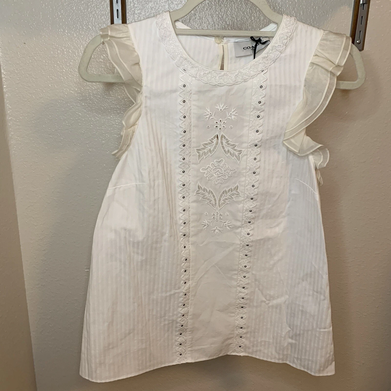 Camicetta Coach 1941 senza maniche avorio cotone seta manica arricciata borchie taglia 6 nuova con etichetta