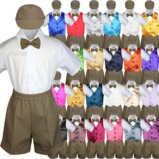 5pc Boy Toddler Formal Dark Khaki Shorts Hat Bowtie Suit Satin Color Vest Set