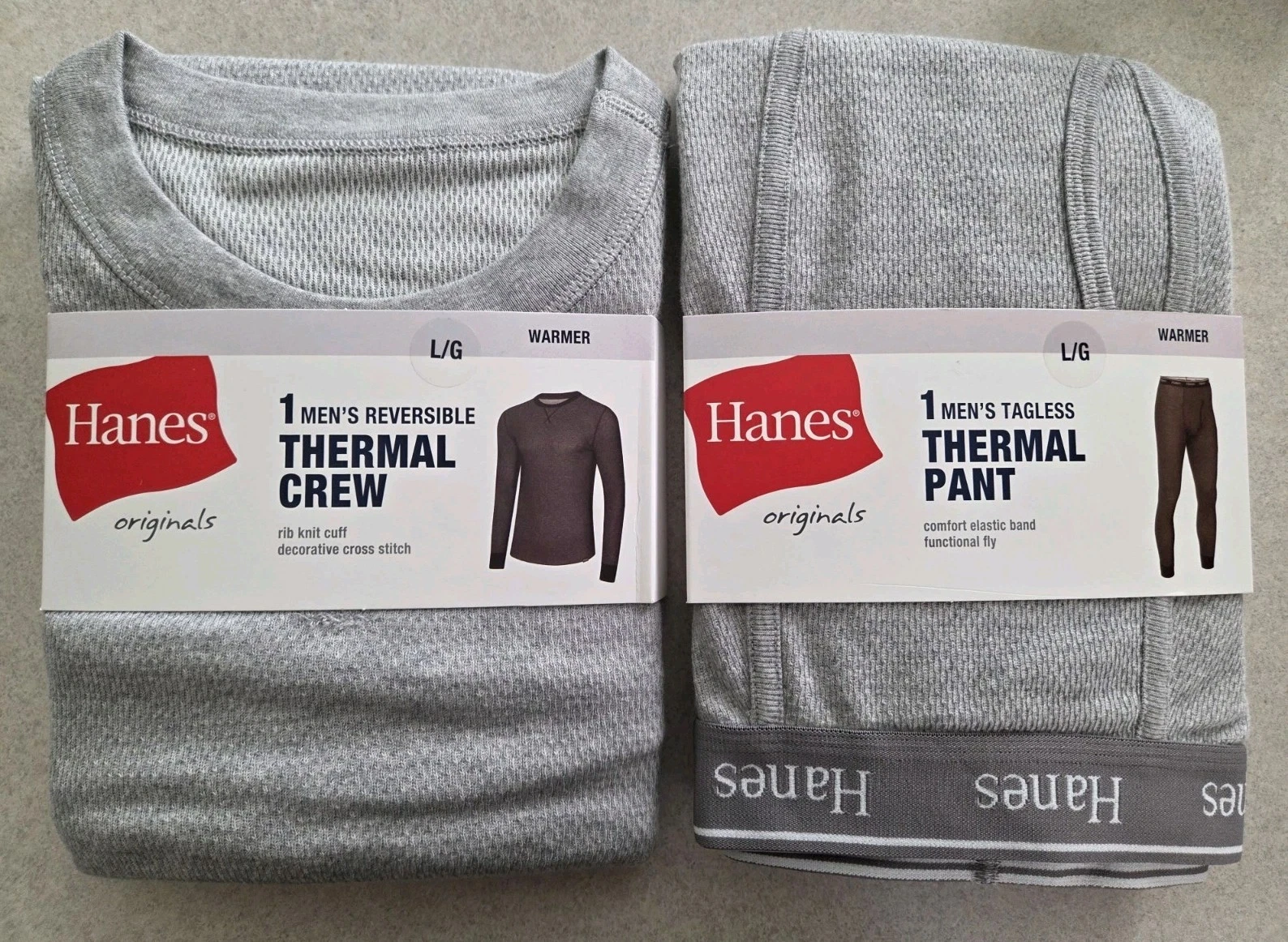 Hanes Men's LARGE Thermal Crew & Pant Set GRAY Long Underwear Cotton Blend 10726