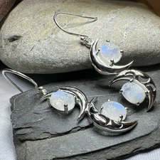 Moonstone Earrings Creacent Moon Wiccan Pagan Ladies Long Dangle Earrings 925