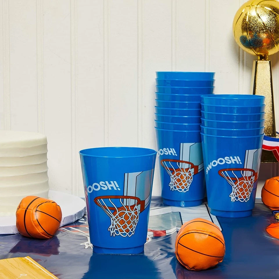16x vasos reutilizables de plástico de 16 oz para fiesta de baloncesto para niños cumpleaños azul Foto 3 de 4