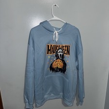 Halloween Ghost Face Baby Blue Hoodie Men  s Large Polyester Cotton Blend