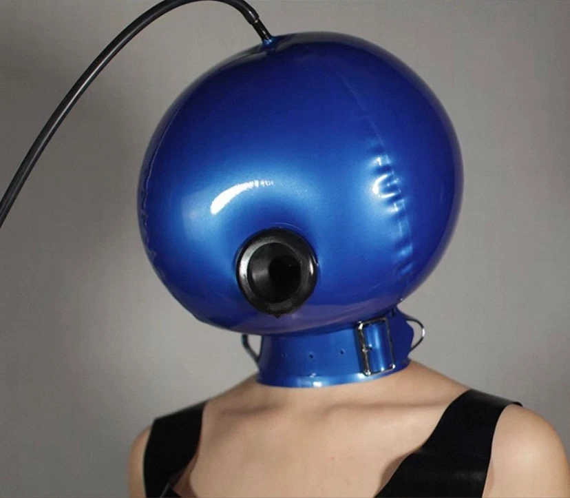 Máscara de goma doble con capucha inflable de látex con boca respiratoria para ropa de club fetiche Foto 3 de 4