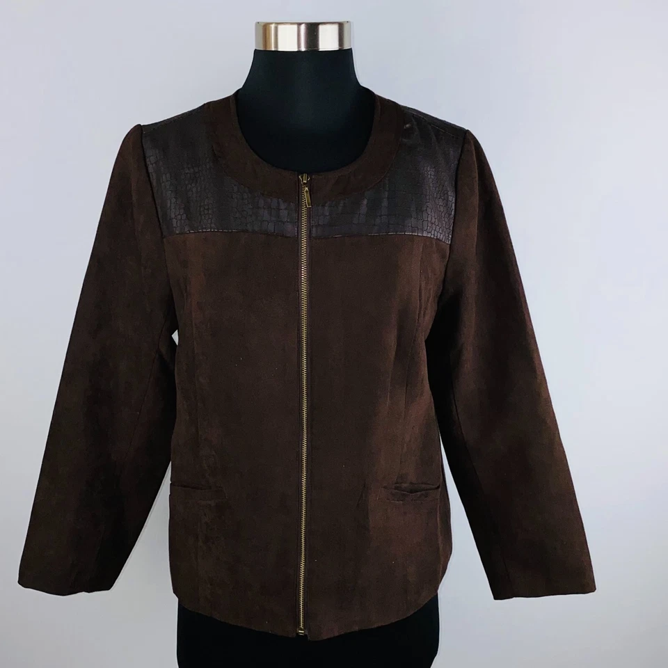 Blazer Studio Works feminino marrom sem colarinho forrado com zíper jaqueta 8 P - Imagem 3 de 4