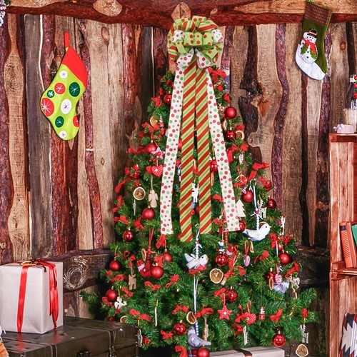 Christmas Tree Topper 52"x12" Large Burlap Bow Red Green Holiday Decoration - Picture 6 of 7