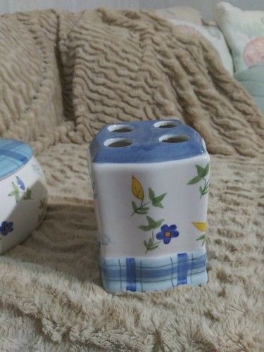 Stoneware by Laurie Gates Floral 5 piece Bathroom Set Blue Yellow Green RARE - Picture 8 of 12