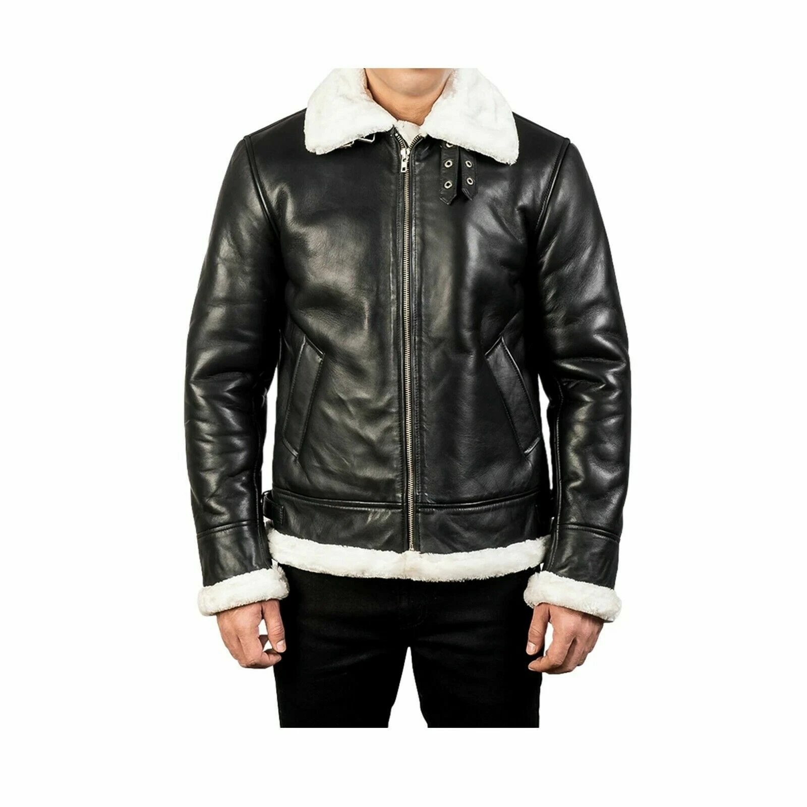 Men's Aviator Fur Shearling Bomber Black Genuine Sheepskin Leather Jacket/Coat