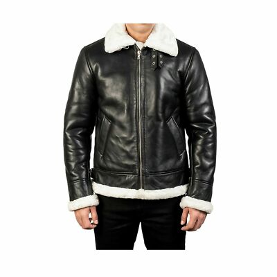 Herren Flieger Fell Shearling Bomber Schwarz Echt Lammfell Lederjacke/Mantel