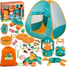 Kids Camping Tent Toy Set with Battery Powered Lantern and Accessories
