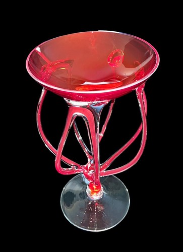 Jozefina Krosno Art Glass Red Octopus Pedestal Compote Bowl Poland Excellent - Picture 2 of 8