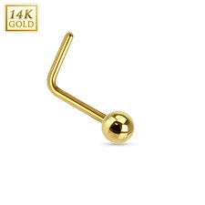 14K Solid Yellow Gold Solid Ball L Bend Nose Stud Ring 20g 1/4"