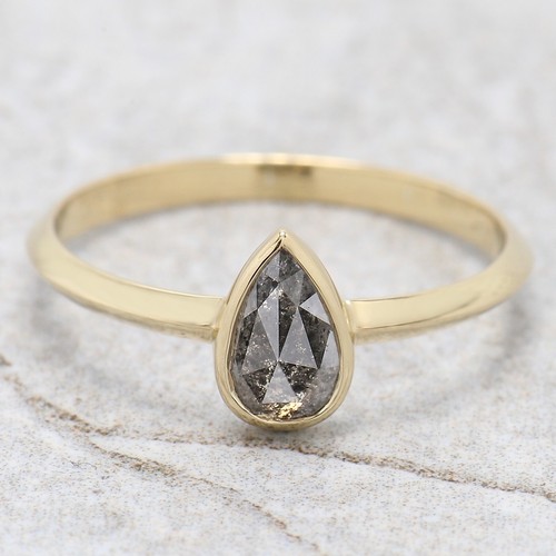0.58 Ct Pear Cut Salt And Pepper Diamond Ring 14K Yellow Gold Engagement Ring - Picture 5 of 9