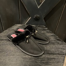 kate spade Lacey Black Faux Suede Slippers Gold Spade Charm K3201 Size 8M NWOB