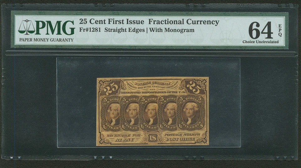 1862-63 25 CENTS FRACTIONAL CURRENCY FR1281 CERTIFIED PMG CHOICE UNCIRCULATED 64 - Image 3 of 4