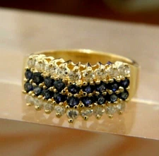 14K Solid Yellow Gold IJS Pyramid Ring Diamonds & Blue Sapphires Sz 6.25
