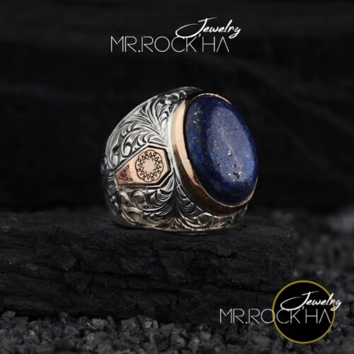 Natural Purple Lapis Lazuli Stone,Carved Embroidered,Handmade, Silver Men's Ring - Picture 1 of 3