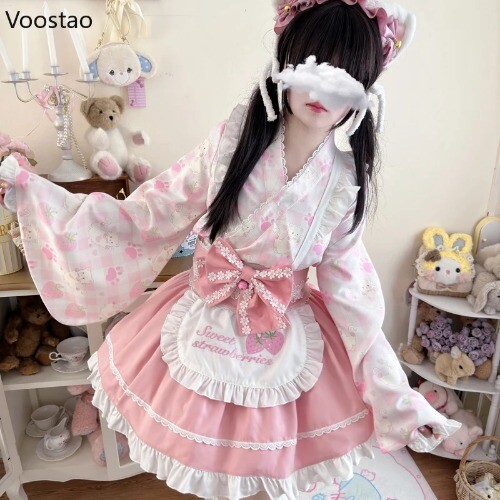 Japanese Sweet Lolita Kimono Dress Kawaii Strawberry Cat Print Bow Apron Maid - Picture 19 of 29