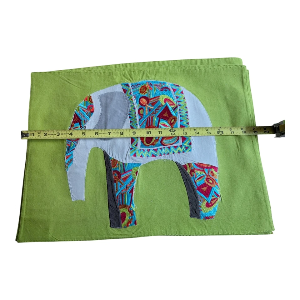 Crate & Barrel Embroidered Elephant Placemats Green Set Of 5 - Image 2 of 4