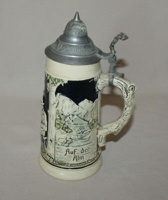 Vintage 9'' Lidded Ceramic Beer Stein Auf der Alm da Ist Es Schon Made in Germany