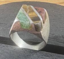 Vintage Sterling Silver Three Stone Inlay Ring - Size 7.5 - Taxco Mexico