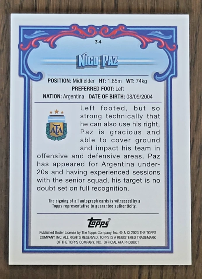 2023 Topps Argentina Fileteado Nico Paz #34 Bowman 1st RC Rookie Auto Autograph - Image 2 of 2