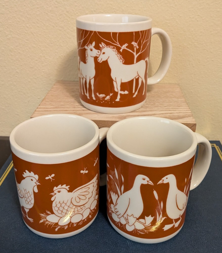 3 Vintage Papel *Barnyard Friends* 12 oz Mugs Ducks Chickens Horses Orange - 第 1/4 張圖片