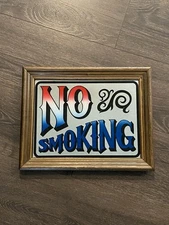 Vintage 1970’s Mirrored NO SMOKING Sign Mirror W/Wood Frame 14.25 X 11.25”