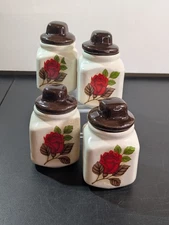 Vintage Spice Jars Set Of 4 Rustic Floral Rose Pottery Herb Jar W/Lids Ceramic 