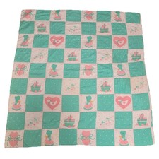 Vintage Baby Quilt Crib Comforter Pink Teal Ducks Bonnet Girl Cottagecore 43x43