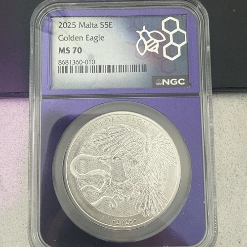 2025 Malta S5E Golden Eagle 1oz Silver NGC MS70 Purple NGC