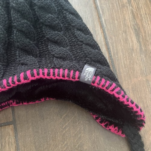 The North Face Fuzzy Beanie Girls Hat size Small Black/Pink with Pom Pom - Picture 2 of 5