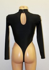 Women Thong Leotard 130-90 Long Sleeves High Collar Black Spandex Size L