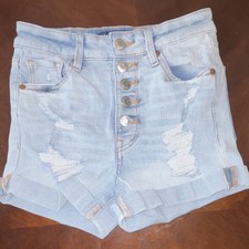 A ropostale Super High Rise Midi Cut-Off Distressed Light Denim Shorts Size 2