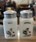 Vintage McKee Tipp City Girl Watering Milk Glass SALT & PEPPER Range Shakers