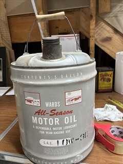 Vintage 5 Galloni MONTGOMERY WARD Wisconsin Pubblicità Benzina Olio Metallo Lattina