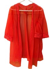 Pandora By Chic Red Sheer Peignoir Robe Lace Sz M Kimono Pin Up Vintage