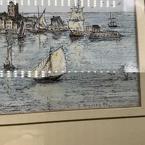 Vintage C. Bradley Tusche und Aquarell Gemälde Maritim, Hafen, Segelschiffe - Bild 3 von 9