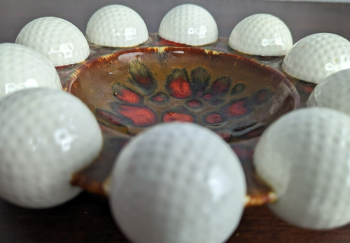 Tazón de pelota de golf vintage cenicero marrón cerámica rojo esmaltado 1979 - Imagen 5 de 18