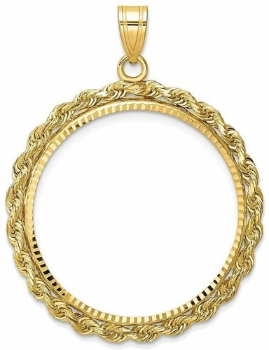 14k Yellow Gold Rope Diamond-Cut 27mm Prong Coin Bezel Pendant