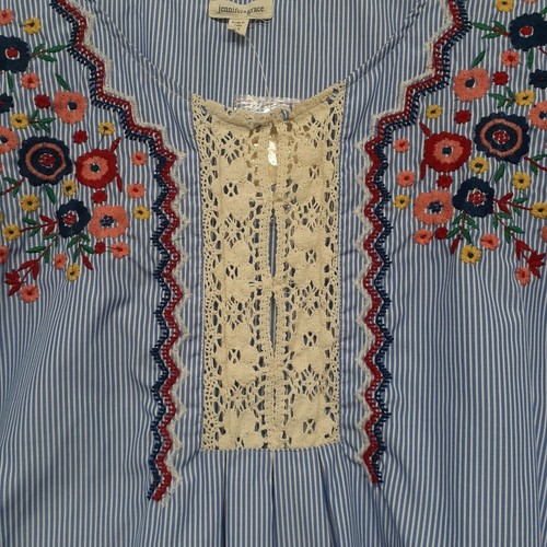 Jennifer & Grace Striped Floral Embroidered Blouse Long Sleeve Blue Size 1X NWT - Picture 2 of 8