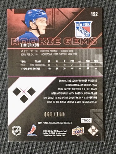2011-12 BLACK DIAMOND RUBY RED #192 TOM ERIXON #ed 68/100 TRIPLE DIAMOND RK GEM - Picture 2 of 3