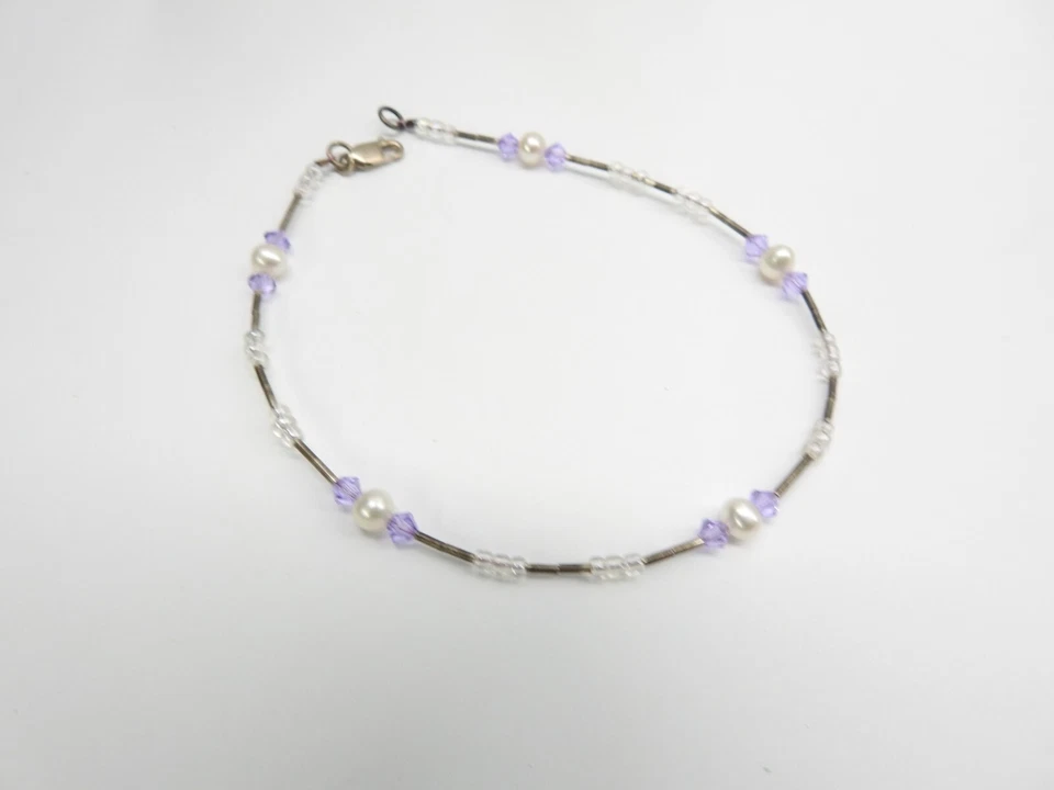 Artisan 淡水珍珠薰衣草水晶种子珠液体银色脚链复古 — 第 2/3 张图片