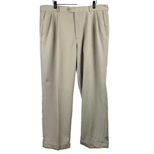 HAGGAR Chino Pants Men's Size 38 x 30 (28.5) Beige Pleated Cuffed Golf Office